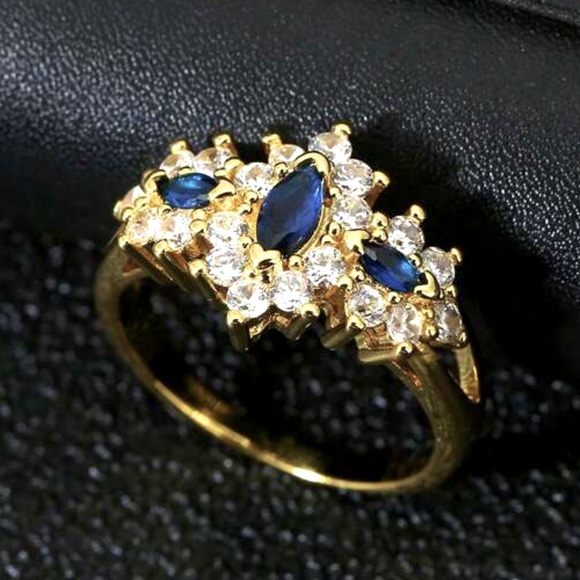 SALE 18k Stamped Gold Filled Blue Sapphire Crystal Ring (Size 8) - Picture 3 of 6